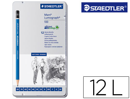 Lápis Grafite Straedtler Mars Lumograph 100 Caixa Metá. 12 Lápis 8B- 7B-6B-5B-4B-3B-2B-B-Hb-F-H-2H