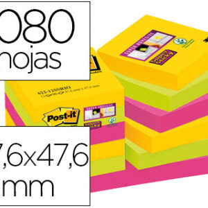 Bloco Notas Adesivas Post-It Super Sticky 47,6X47,6 mm c/ 90 Folhas (12 Blocos) Cores Sortidas