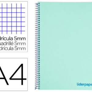 Caderno Espiral Din A4 Wonder Capa Plastico 120 F 90 Gr Quadricula 5 Bandas De Cores 4 Furos Verde