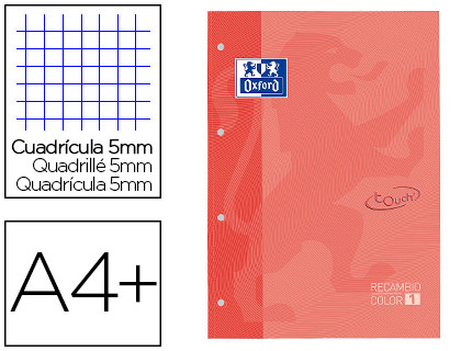 Recarga Color 1 Oxford Din A4+ 80 Folhas 90 Gr Quadricula 5 mm Capa Suave 4 Furos Coral Touch