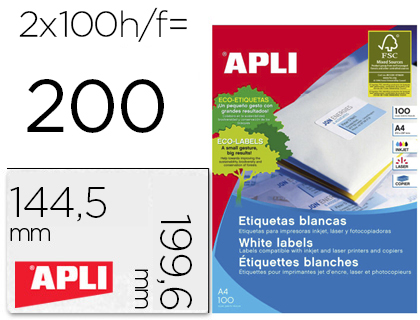Etiqueta Adesiva Apli 2423 199,6X144,5 mm Fotocopiadora Laser Ink-Jet Caixa c/100 Folhas Din A4
