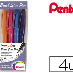 Caneta Pincel Pentel Sign Pen Blister de 4 Cores Azul Ceu, Violeta, Laranja e Rosa