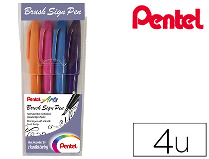 Caneta Pincel Pentel Sign Pen Blister de 4 Cores Azul Ceu, Violeta, Laranja e Rosa