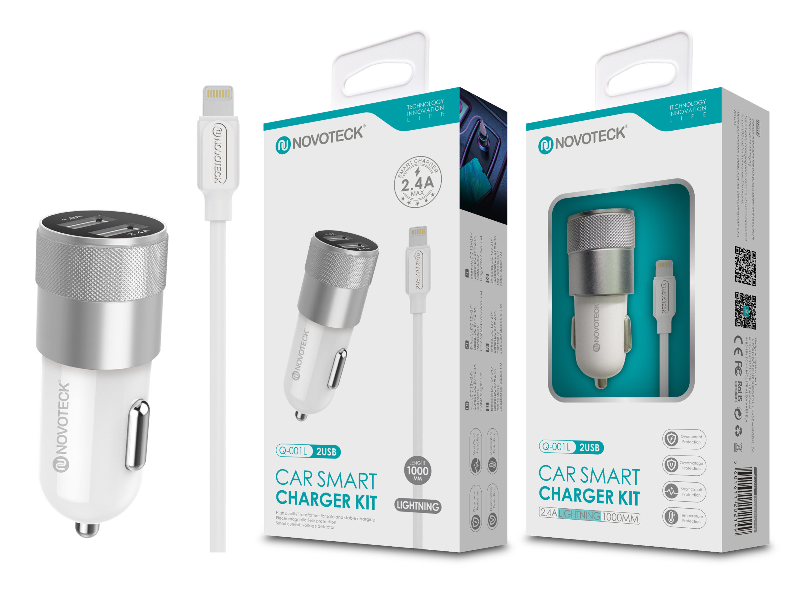 Kit Carregador Automóvel 2.4A 2 USB Branco com Cabo Lightning Q-001L