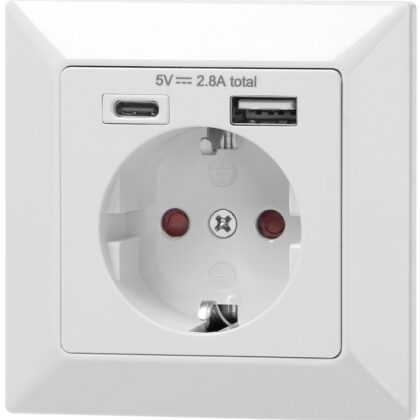 Tomada Elétrica Schuko 220V 16A c/ Portas USB-A + USB-C (Branco) - ORNO
