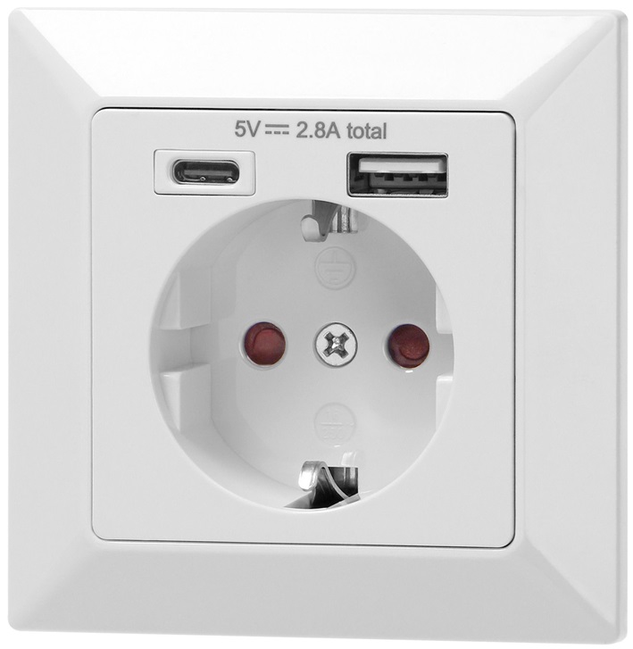 Tomada Elétrica Schuko 220V 16A c/ Portas USB-A + USB-C (Branco) - ORNO