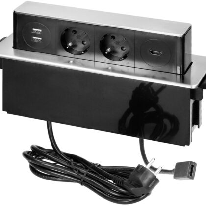 Extensão Dupla Oculta POP-UP c/ Portas 2x USB-A + HDMI p/ Secretárias, Balcões (Inox) - ORNO