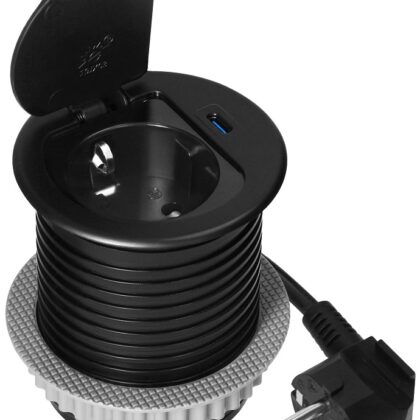 Tomada Elétrica de Encastre c/ Tampa + USB-C PD20W (Preto) - ORNO
