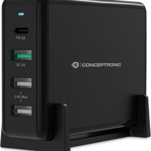Carregador de Mesa 1x USB-C + 3x USB-A QC 3.0 PD 3.0 (Preto) - CONCEPTRONIC