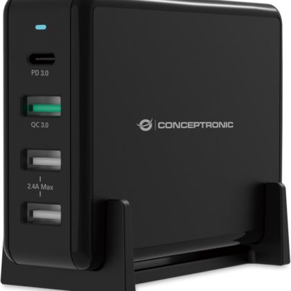 Carregador de Mesa 1x USB-C + 3x USB-A QC 3.0 PD 3.0 (Preto) - CONCEPTRONIC