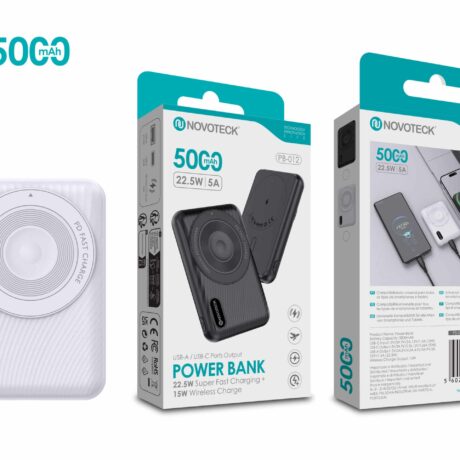 Power Bank 5000mAh PB-012 Branco - Carregamento Rápido 22.5W com Carregamento Sem Fios 15W