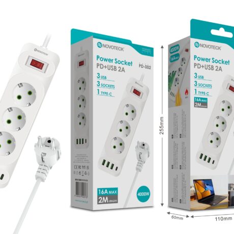 Extenção 2m com 3 tomads 3 usb 1 type-c PD-002 16A