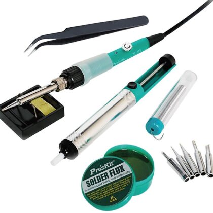 Kit Soldadura (Ferro Soldar, Solda, Dessoldador, Pinça, Resina e Ponteiras Substituição) - Proskit