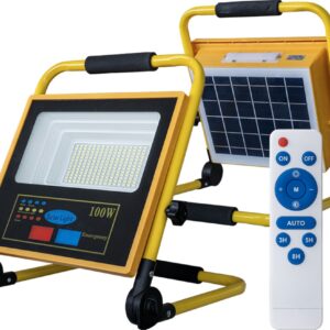 Projector LED t/ Obras IP65 Branco F. 6000K 100W c/ Painel Solar ou Bateria + Comando