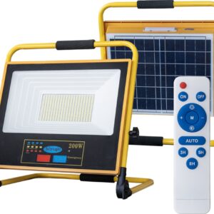 Projector LED t/ Obras IP65 Branco F. 6000K 200W c/ Painel Solar ou Bateria + Comando