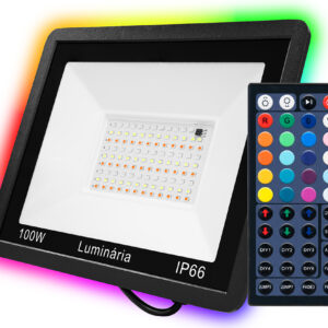 Projector LED RGB+W IP65 220VAC 100W 6000Lm c/ Comando