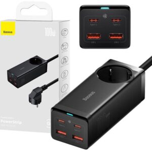Extensão Elétrica PowerCombo GaN3 Pro 1 Tomada + 2x USB + 2x USB-C 100W (Preto) - BASEUS