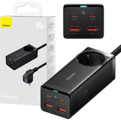 Extensão Elétrica PowerCombo GaN3 Pro 1 Tomada + 2x USB + 2x USB-C 100W (Preto) - BASEUS
