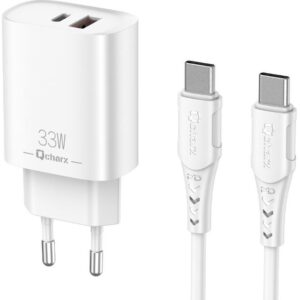 Carregador 1x USB-C / 1x USB 33W + Cabo USB-C Macho - USB-C Macho (1 metro) - QCHARX