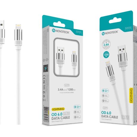 Cabo de Dados Lightning 3.4A,1.2m,OD 6.0 Super Grosso,Branco,Alta Durabilidade S-079