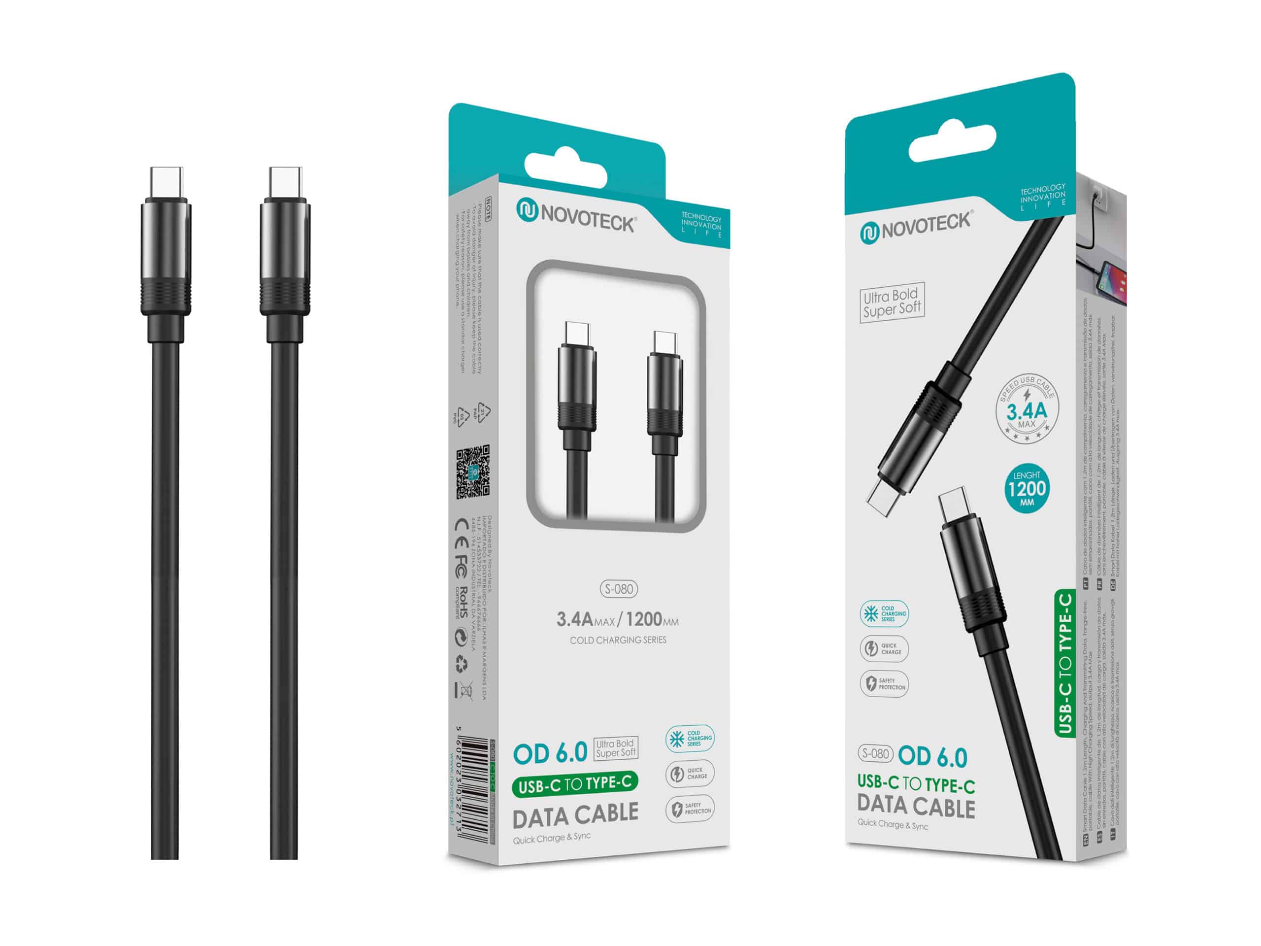 Cabo USB-C para USB-C Negro 3.4A , OD 6.0 Super Grosso, 1.2m, S-080