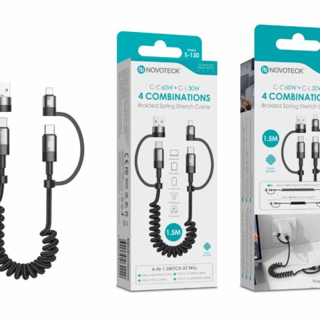 Cabo Retrátil 4 em 1 Novoteck S-130 – USB/USB-C para Lightning/USB-C, Espiral de 1.5M, Carga Rápida 60W/30W, Revestido em Tecido