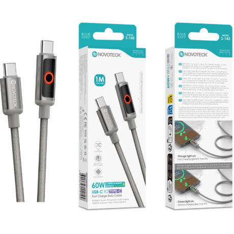 Cabo USB-C para USB-C NOVOTECK S-143, 60W, 1M, com Luz Indicadora, Carregamento Rápido e Transferência de Dados
