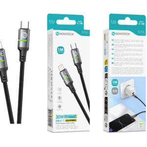 Cabo USB-C para Lightning NOVOTECK S-148, 30W, 1M, com Luz Indicadora Verde, Carregamento Rápido e Transferência de Dados