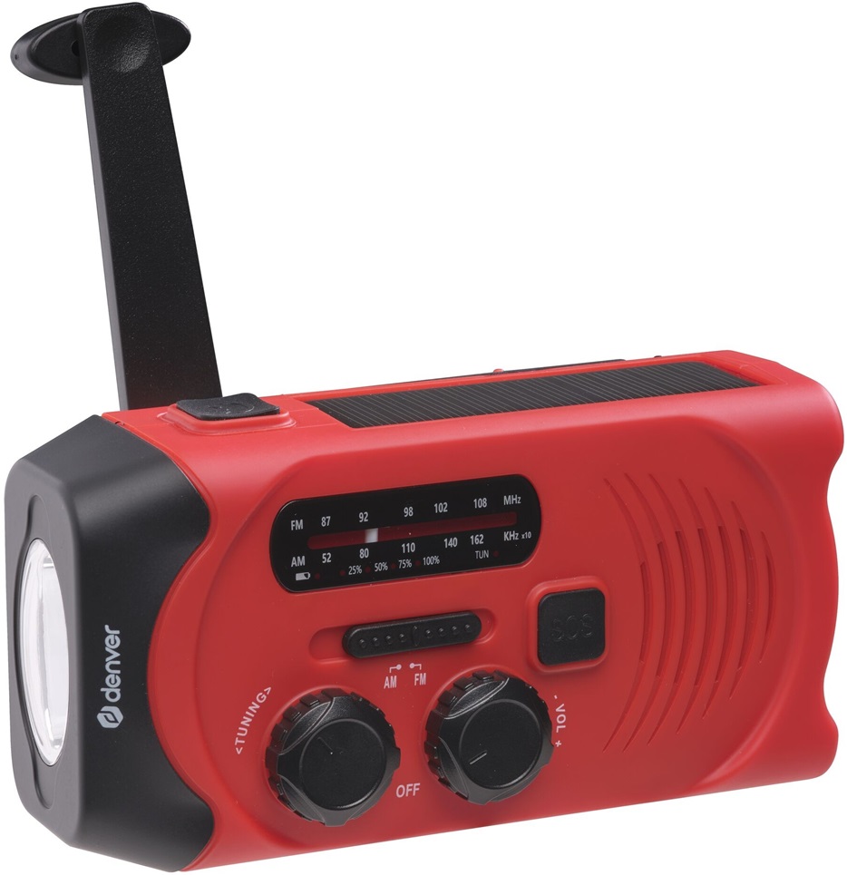 Rádio Solar Portátil c/ Manivela SCR-2010 (Vermelho) - DENVER