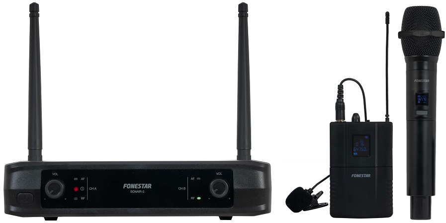 Central 2x Microfones Mão e Lapela s/ Fios UHF - FONESTAR