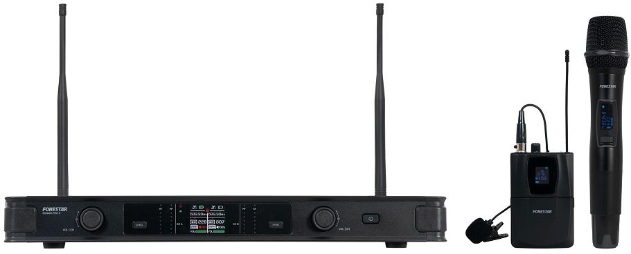 Central 2x Microfones Mão e Lapela s/ Fios Handheld + Bodypack UHF ID Pilot e Diversity - FONESTAR