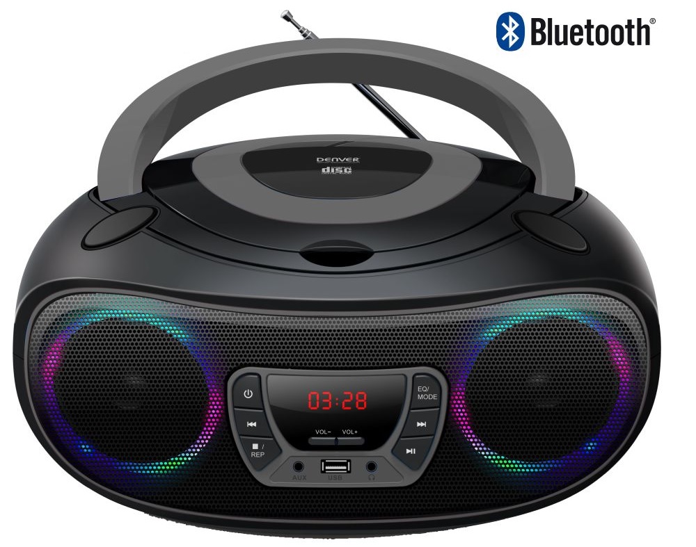 Rádio FM 2x 2W c/ MP3/CD/USB/BLUETOOTH/AUX + Efeitos LED (Preto) - DENVER