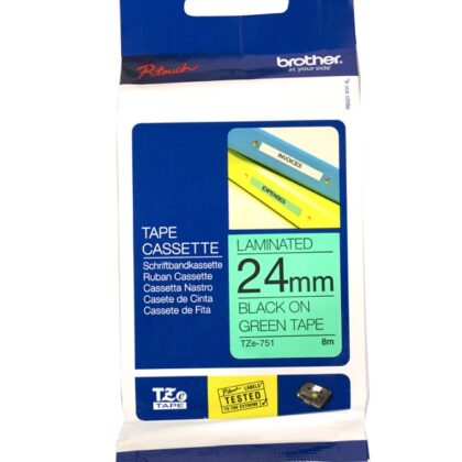 Fita TZe-751 Preto Sobre Verde (8 mts/2,4cm) - BROTHER