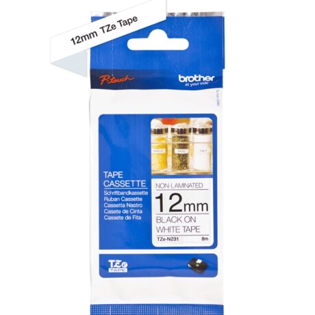 Fita Original TZEN231 Preto Sobre Branco (8 mts/1,2cm) - BROTHER
