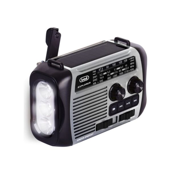 Rádio Portátil AM/FM/BT com Painel Solar Dínamo e Lanterna - Cinza