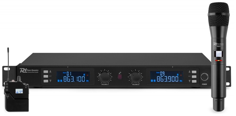 Central 2 Microfones UHF Digital 20 Canais (Mão e Cabeça) s/ Fios PD632C - Power Dynamics