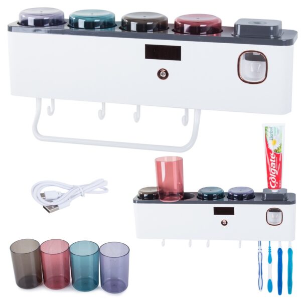 Organizador de Escovas e Copos c/ Esterilizador de Escovas de Dentes UV e Dispensador de Pasta