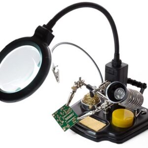 Lupa de Mesa c/ Ilumina??o LED + Suporte de Ferro Soldar + Pin?as