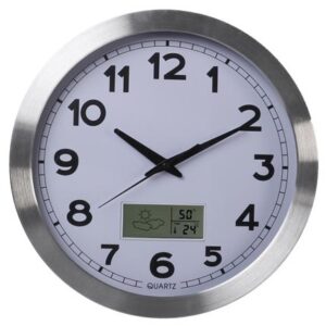 Relógio Parede Analógico Alumínio (Ø 35cm) c/ Display LCD Termómetro, Higrómetro e Previsão do Tempo