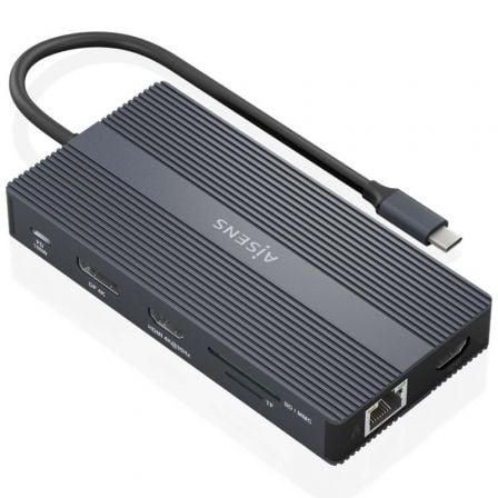 Docking USB Type-C Aisens ASUC-12P017-GR 2xHDMI 4K 4xUSB 1xType-C 1xRJ45 1xDisplayPort 1xLeitor de cartões 1xType-C PD