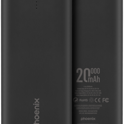 PowerBank 2 x USB-A + 1 x USB-C 20000mAh (Preto) - PHOENIX