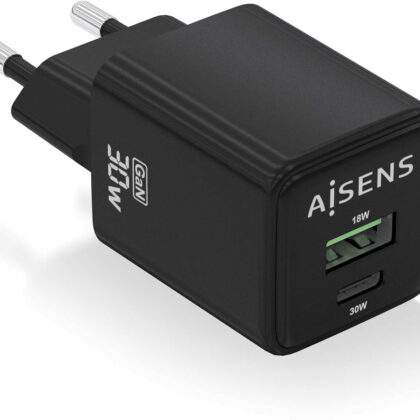 Carregador GaN 30W 1x USB-C PD3.0 QC4.0 1x USB-A QC3.0 (Preto) - AISENS