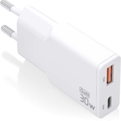 Carregador GaN 30W Ultrafino 1xUSB-C 1xUSB-A (Branco) - AISENS