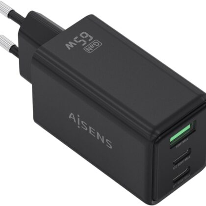 Carregador GaN 65W 2x USB-C PD3.0 QC 4.0 + 1x USB-A QC 3.0 (Preto) - AISENS