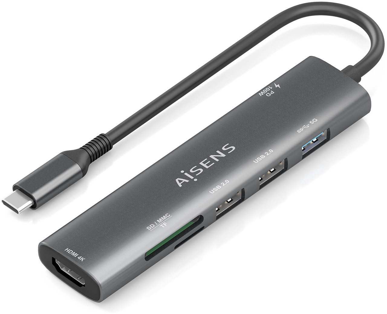 HUB USB-C 7 em 1 PD 100W 15cm (Cinza) - AISENS