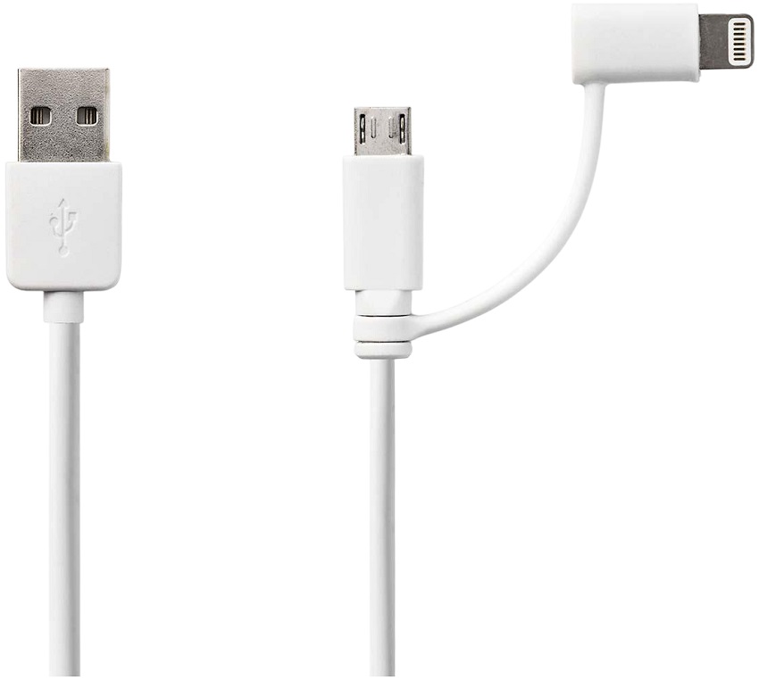 Cabo USB 2-EM-1 - 1x Micro USB + Apple Lightning 8 pinos (Branco) - NEDIS