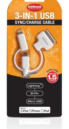 Cabo USB 3 EM 1 P/Lightning, 30 Pin e Micro-USB 1.5m (Branco) - HAHNEL