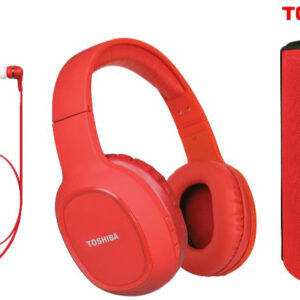 Set Coluna Portátil + Headphones + Auriculares Bluetooth In-Ear (Vermelho) – TOSHIBA