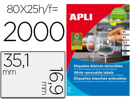 Etiquetas Adesivas Apli 35,6X16,9mm Fotocopiadora Laser Inkjet (25 Folhas) A4 c/2000 Etiquetas