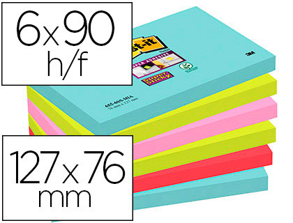 Bloco Notas Adesivas Post-It Super Sticky 76X127 mm c/ 90 Folhas (6 Unidades) Cores Miami